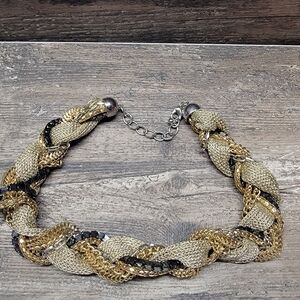 Gold Mesh and Black Stone Woven Necklace